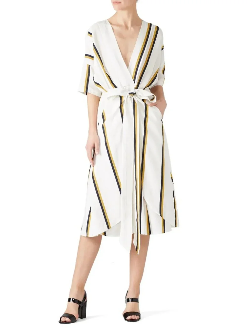 Sancia Anika White Striped Short Sleeve Belted Midi Dress Women's Size Medium M - Picture 2 of 12